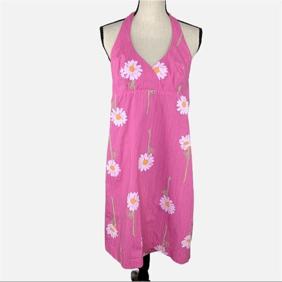 Lilly Pulitzer Vintage White Label Daisy Pink Halter Dress‎ w/Green Lining - Picture 1 of 14